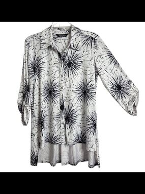 Tango Mango White & Black Burst-Print Button Front Hi-low Tunic Size M/M